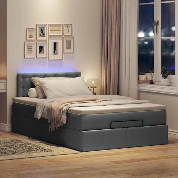 LED-valgustusega voodiraam peatsiga koos madratsiga, tumehall, 120 × 200 cm, kangas — mudel 3312465