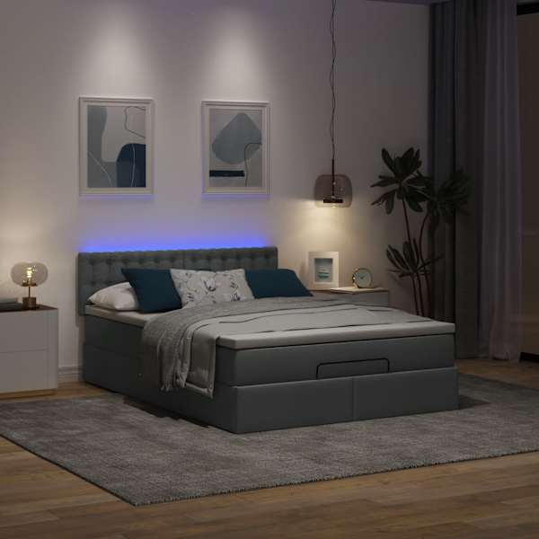 LED-valgustusega voodiraam peatsiga koos madratsiga, tumehall, 140 × 190 cm, kangas — mudel 3312472