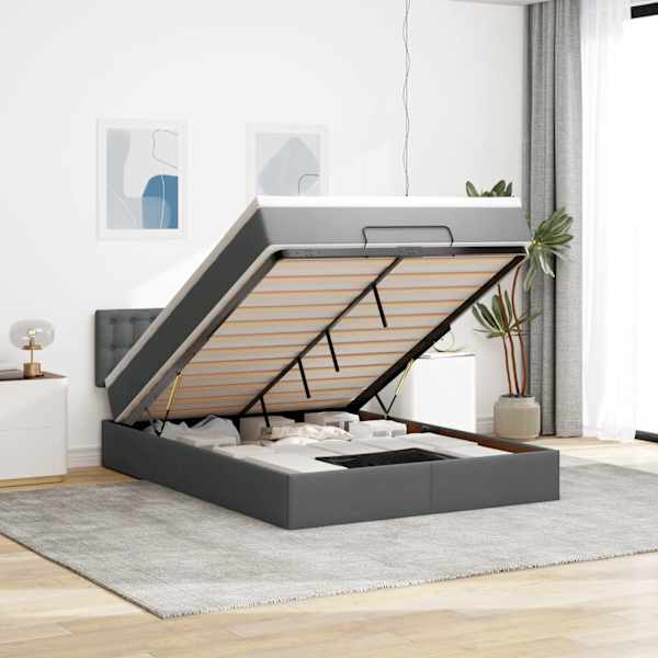LED-valgustusega voodiraam peatsiga koos madratsiga, tumehall, 140 × 190 cm, kangas — mudel 3312472