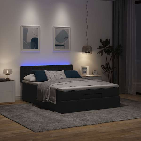 LED-valgustusega voodiraam peatsiga koos madratsiga, must, 140 × 190 cm, kangas — mudel 3312473