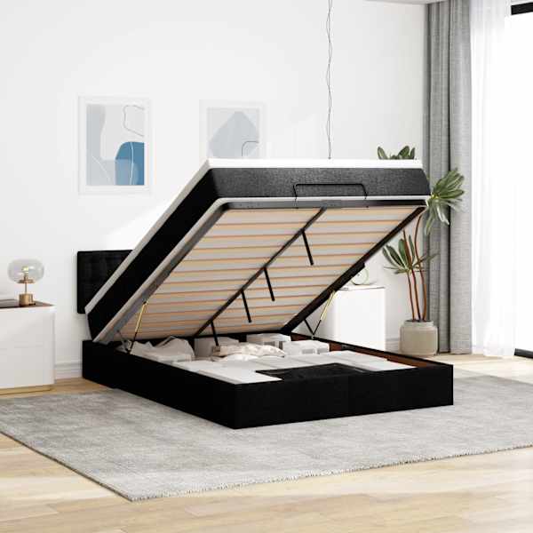 LED-valgustusega voodiraam peatsiga koos madratsiga, must, 140 × 190 cm, kangas — mudel 3312473