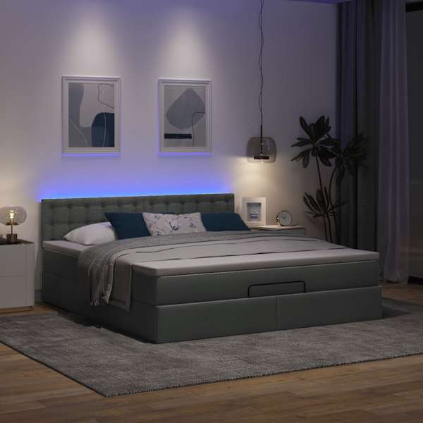 LED-valgustusega voodiraam peatsiga koos madratsiga, tumehall, 160 × 200 cm, kangas — mudel 3312486