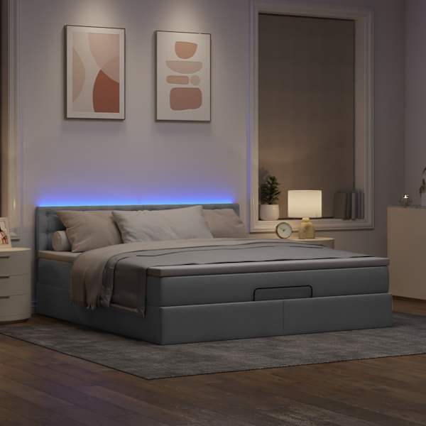 LED-valgustusega voodiraam peatsiga koos madratsiga, helehall, 180 × 200 cm, kangas — mudel 3312492