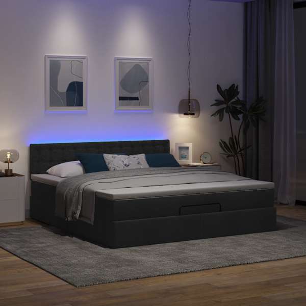 LED-valgustusega voodiraam peatsiga koos madratsiga, must, 180 × 200 cm, kangas — mudel 3312494