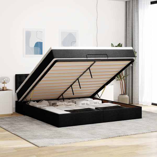 LED-valgustusega voodiraam peatsiga koos madratsiga, must, 180 × 200 cm, kangas — mudel 3312494