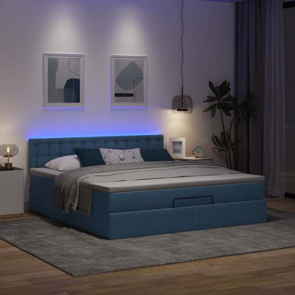 LED-valgustusega voodiraam peatsiga koos madratsiga, sinine, 180 × 200 cm, kangas — mudel 3312498