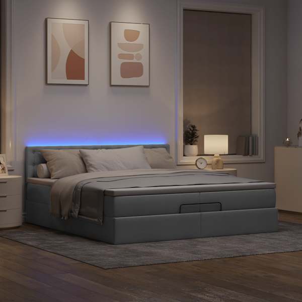 LED-valgustusega voodiraam peatsiga koos 2 madratsiga, helehall, 200 × 200 cm, kangas — mudel 3312499