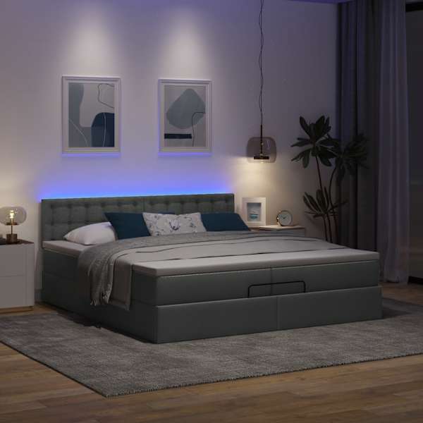 LED-valgustusega voodiraam peatsiga koos 2 madratsiga, tumehall, 200 × 200 cm, kangas — mudel 3312500