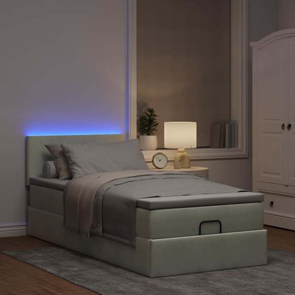 LED-valgustusega voodiraam peatsiga koos madratsiga, helehall, 90 × 190 cm, samet — mudel 3312518