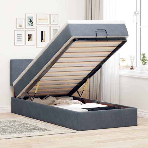 LED-valgustusega voodiraam peatsiga koos madratsiga, tumehall, 90 × 190 cm, samet — mudel 3312519