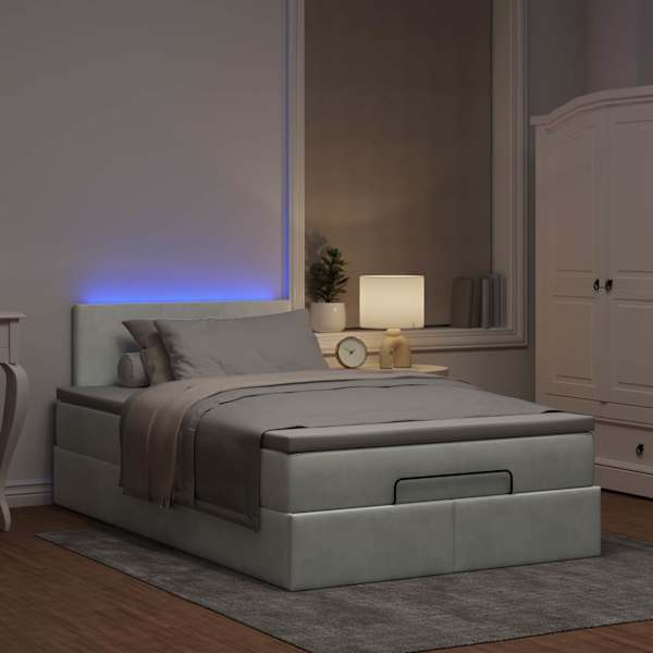 LED-valgustusega voodiraam peatsiga koos madratsiga, helehall, 120 × 190 cm, samet — mudel 3312536