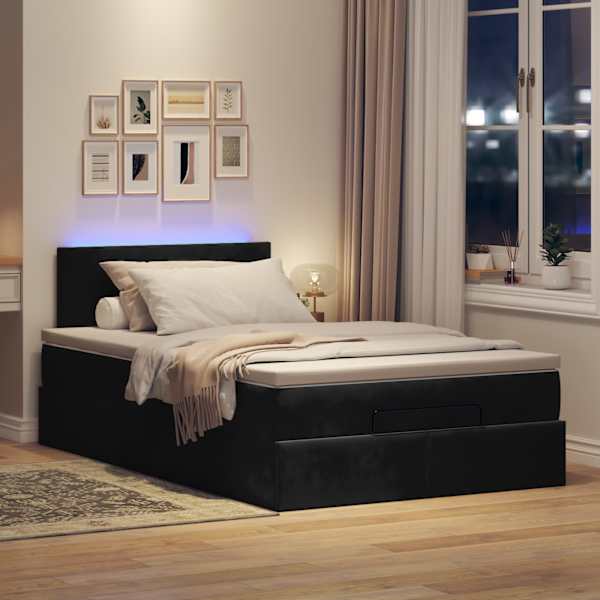 LED-valgustusega voodiraam peatsiga koos madratsiga, must, 120 × 190 cm, samet — mudel 3312538