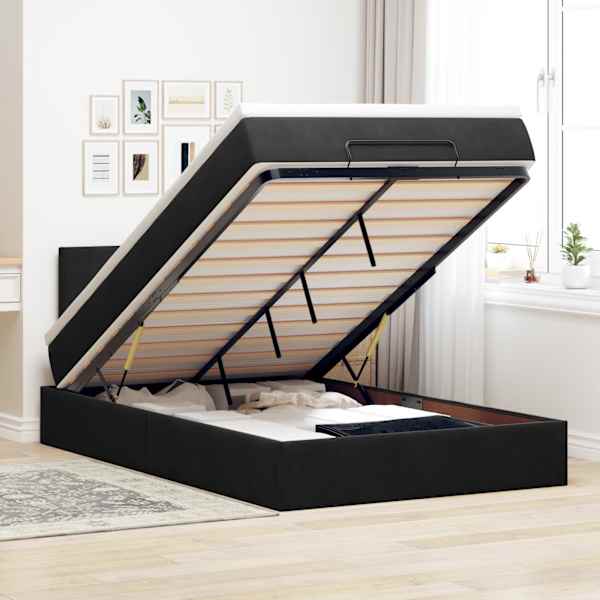 LED-valgustusega voodiraam peatsiga koos madratsiga, must, 120 × 190 cm, samet — mudel 3312538