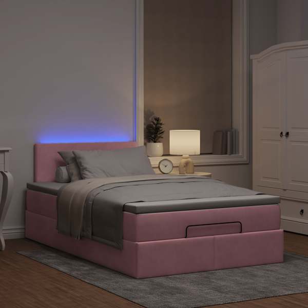 LED-valgustusega voodiraam peatsiga koos madratsiga, roosa, 120 × 190 cm, samet — mudel 3312541