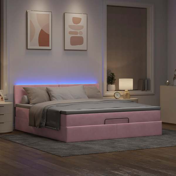 LED-valgustusega voodiraam peatsiga koos madratsiga, roosa, 180 × 200 cm, samet — mudel 3312571