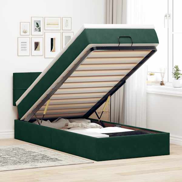 LED-valgustusega voodiraam peatsiga koos madratsiga, tumeroheline, 90 × 190 cm, samet — mudel 3312593