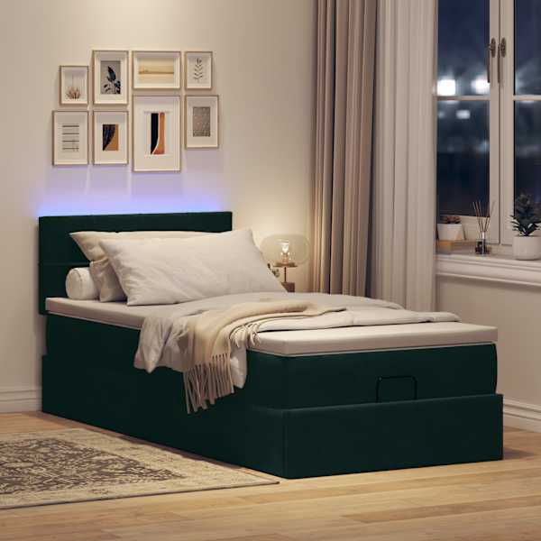 LED-valgustusega voodiraam peatsiga koos madratsiga, tumeroheline, 90 × 200 cm, samet — mudel 3312599