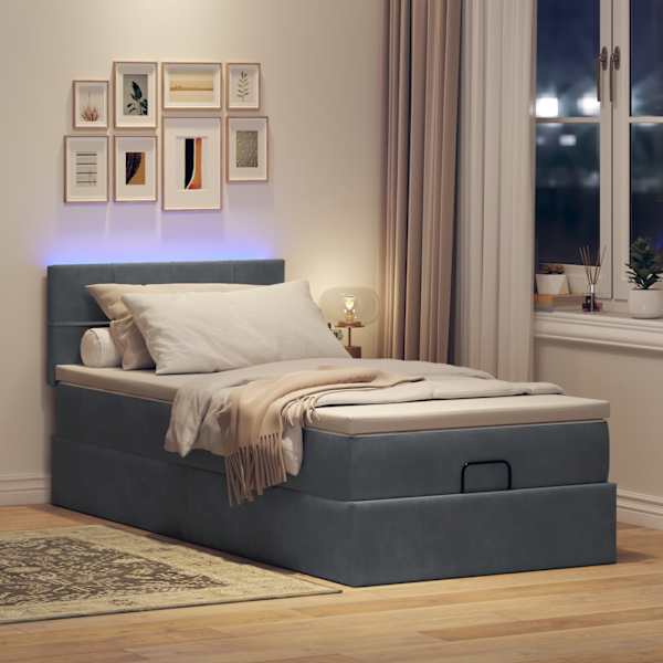 LED-valgustusega voodiraam peatsiga koos madratsiga, tumehall, 100 × 200 cm, samet — mudel 3312603