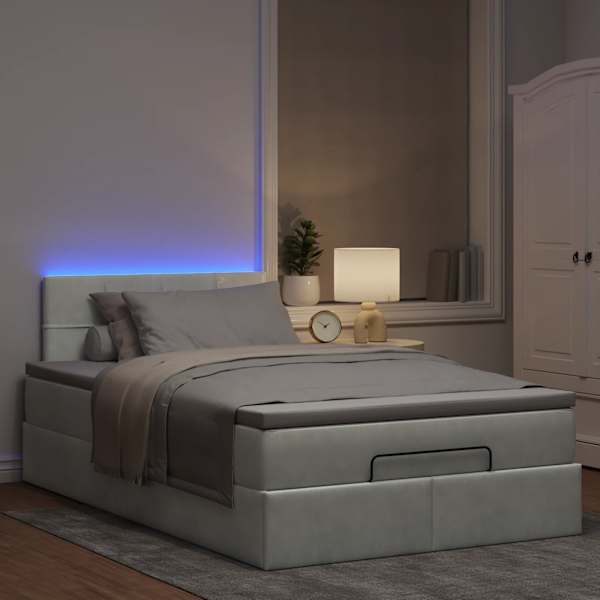 LED-valgustusega voodiraam peatsiga koos madratsiga, helehall, 120 × 190 cm, samet — mudel 3312608