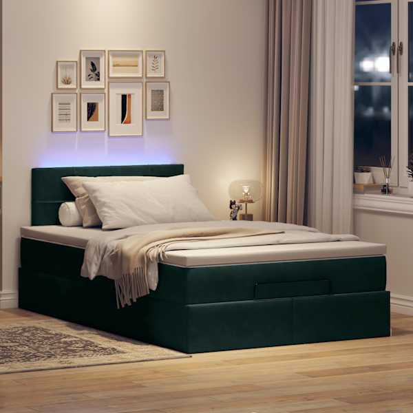 LED-valgustusega voodiraam peatsiga koos madratsiga, tumeroheline, 120 × 190 cm, samet — mudel 3312611