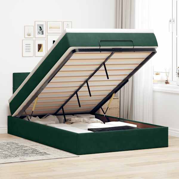 LED-valgustusega voodiraam peatsiga koos madratsiga, tumeroheline, 120 × 190 cm, samet — mudel 3312611