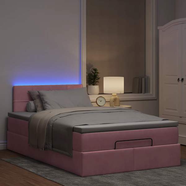 LED-valgustusega voodiraam peatsiga koos madratsiga, roosa, 120 × 190 cm, samet — mudel 3312613
