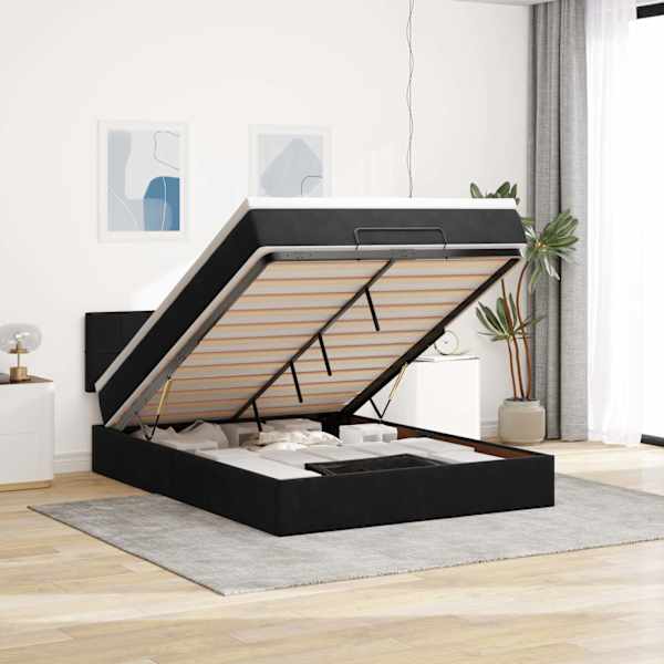 LED-valgustusega voodiraam peatsiga koos madratsiga, must, 140 × 190 cm, samet — mudel 3312622