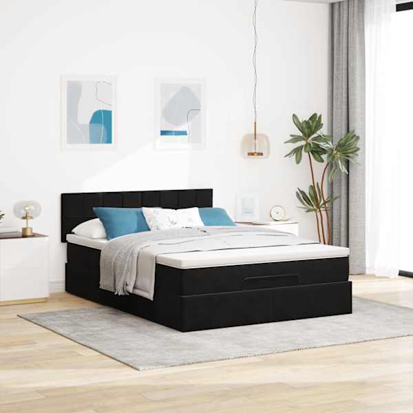 LED-valgustusega voodiraam peatsiga koos madratsiga, must, 140 × 200 cm, samet — mudel 3312628