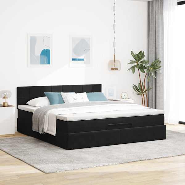 LED-valgustusega voodiraam peatsiga koos madratsiga, must, 160 × 200 cm, samet — mudel 3312634
