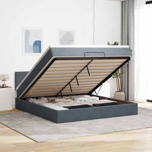 LED-valgustusega voodiraam peatsiga koos madratsiga, tumehall, 180 × 200 cm, samet — mudel 3312639
