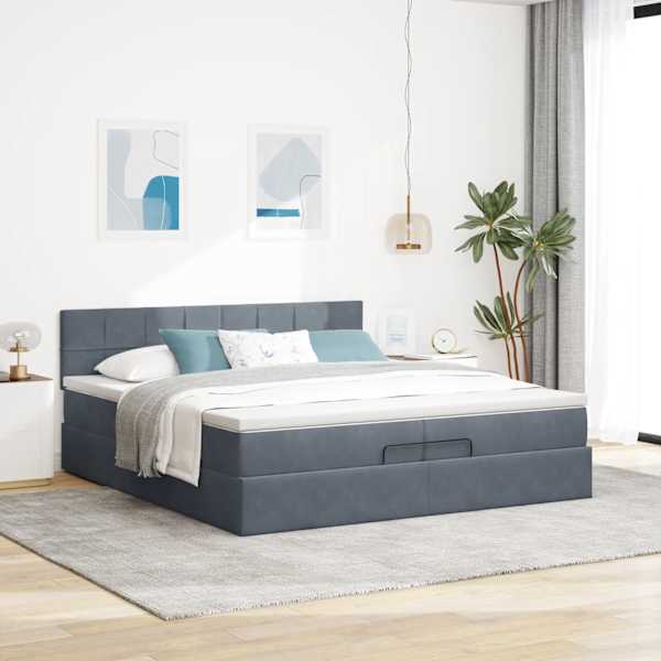 LED-valgustusega voodiraam peatsiga koos 2 madratsiga, tumehall, 200 × 200 cm, samet — mudel 3312645