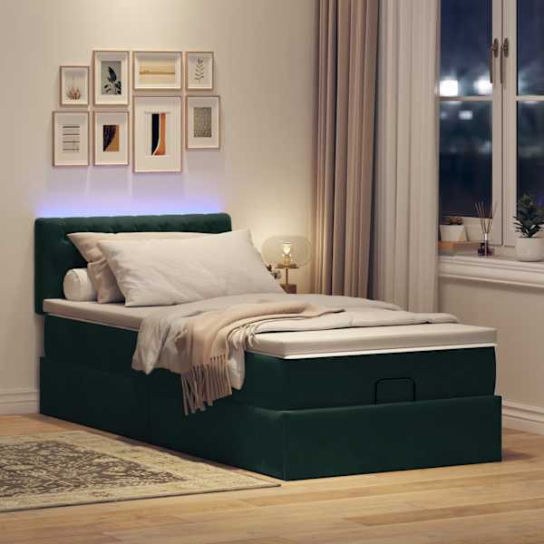 LED-valgustusega voodiraam peatsiga koos madratsiga, tumeroheline, 80 × 200 cm, samet — mudel 3312659