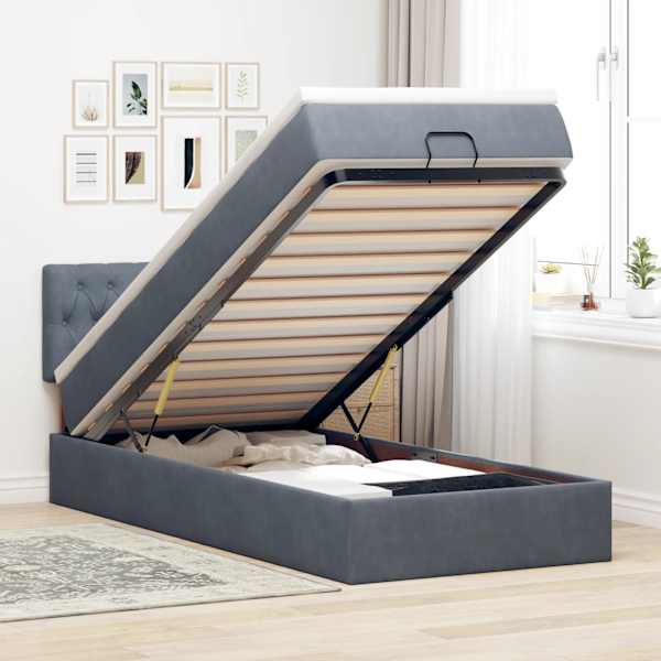 LED-valgustusega voodiraam peatsiga koos madratsiga, tumehall, 90 × 190 cm, samet — mudel 3312663