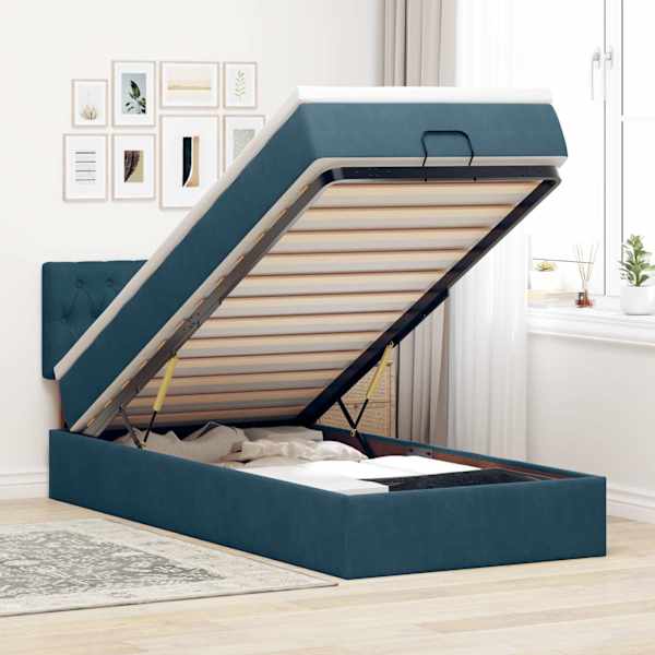 LED-valgustusega voodiraam peatsiga koos madratsiga, tumesinine, 90 × 190 cm, samet — mudel 3312666