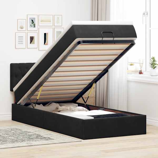 LED-valgustusega voodiraam peatsiga koos madratsiga, must, 90 × 200 cm, samet — mudel 3312670