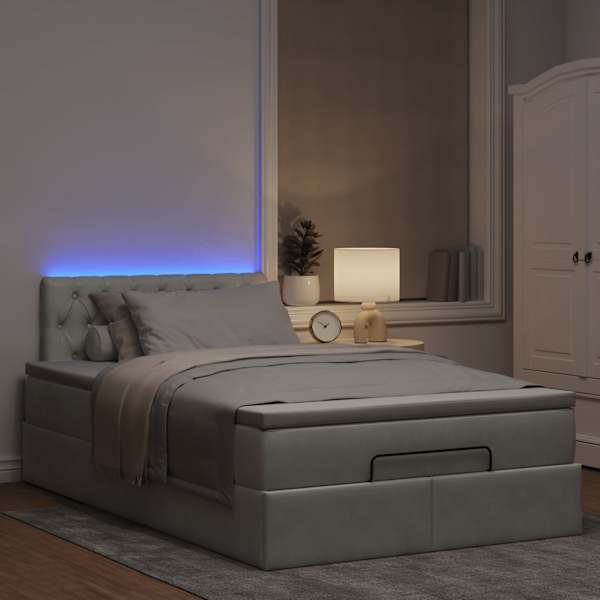 LED-valgustusega voodiraam peatsiga koos madratsiga, helehall, 120 × 190 cm, samet — mudel 3312680