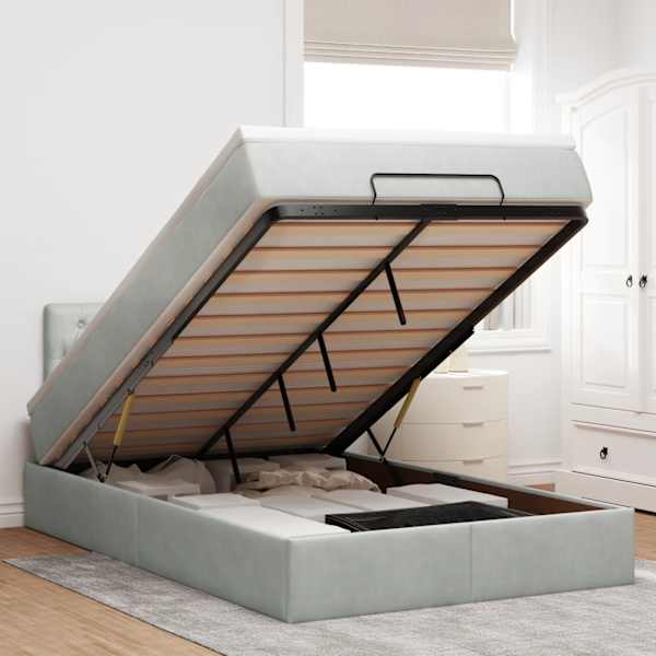 LED-valgustusega voodiraam peatsiga koos madratsiga, helehall, 120 × 190 cm, samet — mudel 3312680