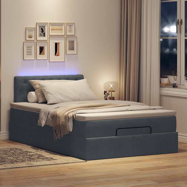 LED-valgustusega voodiraam peatsiga koos madratsiga, tumehall, 120 × 190 cm, samet — mudel 3312681