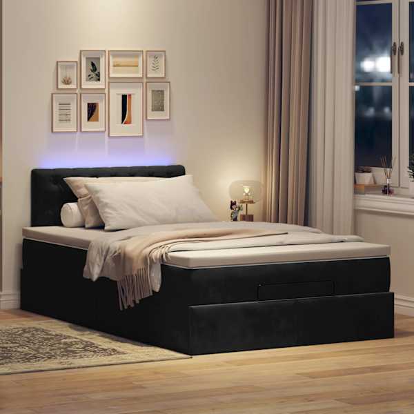LED-valgustusega voodiraam peatsiga koos madratsiga, must, 120 × 190 cm, samet — mudel 3312682