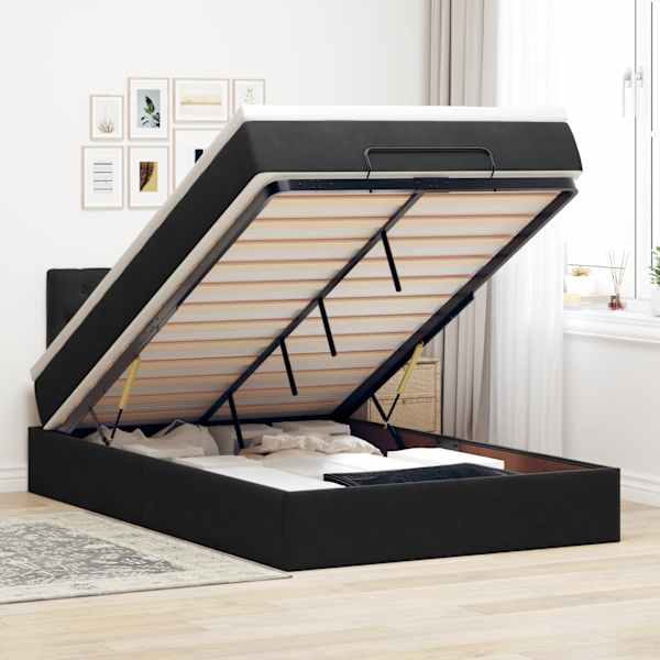 LED-valgustusega voodiraam peatsiga koos madratsiga, must, 120 × 190 cm, samet — mudel 3312682