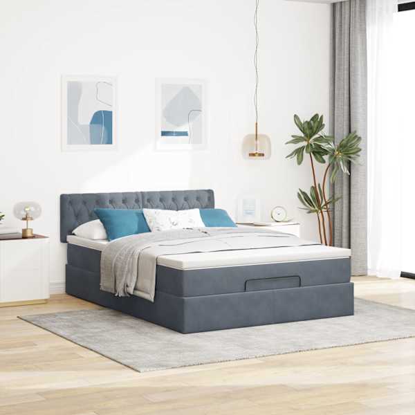 LED-valgustusega voodiraam peatsiga koos madratsiga, tumehall, 140 × 190 cm, samet — mudel 3312693