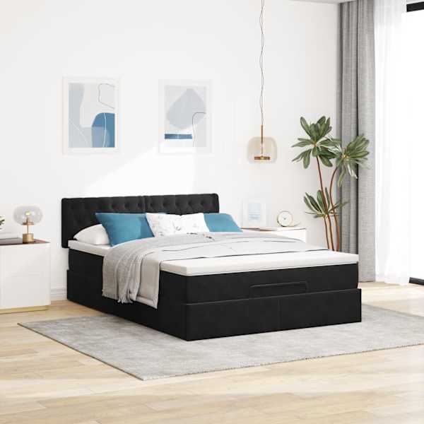 LED-valgustusega voodiraam peatsiga koos madratsiga, must, 140 × 190 cm, samet — mudel 3312694
