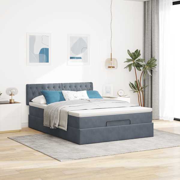 LED-valgustusega voodiraam peatsiga koos madratsiga, tumehall, 140 × 200 cm, samet — mudel 3312699