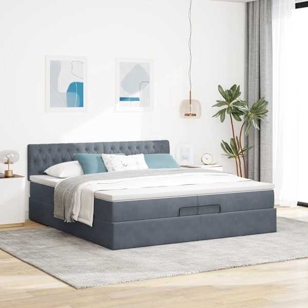 LED-valgustusega voodiraam peatsiga koos 2 madratsiga, tumehall, 200 × 200 cm, samet — mudel 3312717