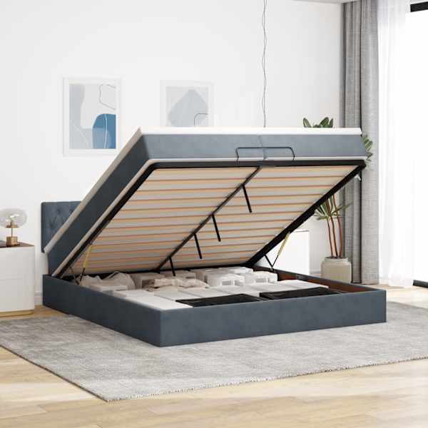 LED-valgustusega voodiraam peatsiga koos 2 madratsiga, tumehall, 200 × 200 cm, samet — mudel 3312717