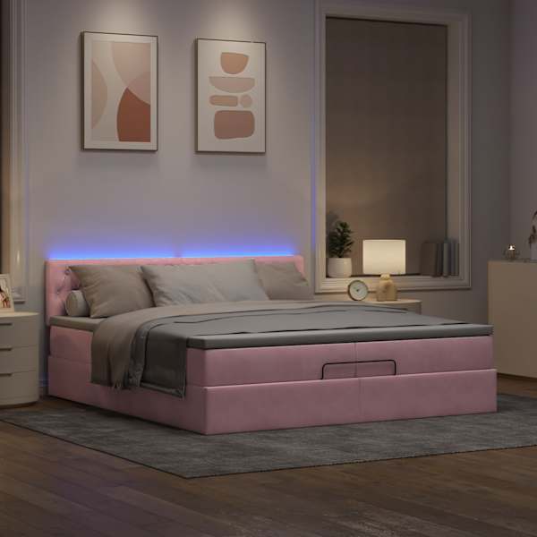 LED-valgustusega voodiraam peatsiga koos 2 madratsiga, roosa, 200 × 200 cm, samet — mudel 3312721