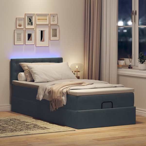 LED-valgustusega voodiraam peatsiga koos madratsiga, tumehall, 90 × 190 cm, samet — mudel 3312735