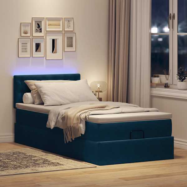 LED-valgustusega voodiraam peatsiga koos madratsiga, tumesinine, 90 × 190 cm, samet — mudel 3312738