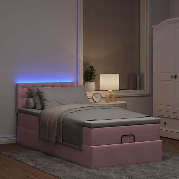 LED-valgustusega voodiraam peatsiga koos madratsiga, roosa, 90 × 190 cm, samet — mudel 3312739