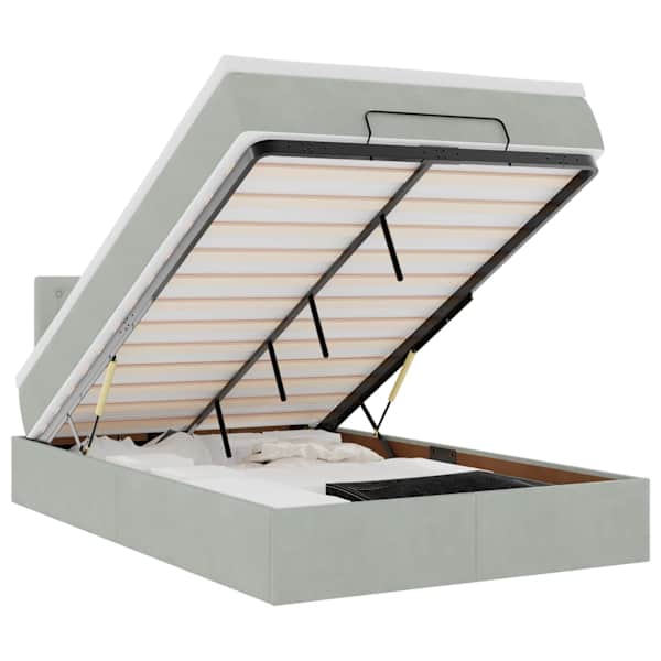 LED-valgustusega voodiraam peatsiga koos madratsiga, helehall, 120 × 190 cm, samet — mudel 3312752